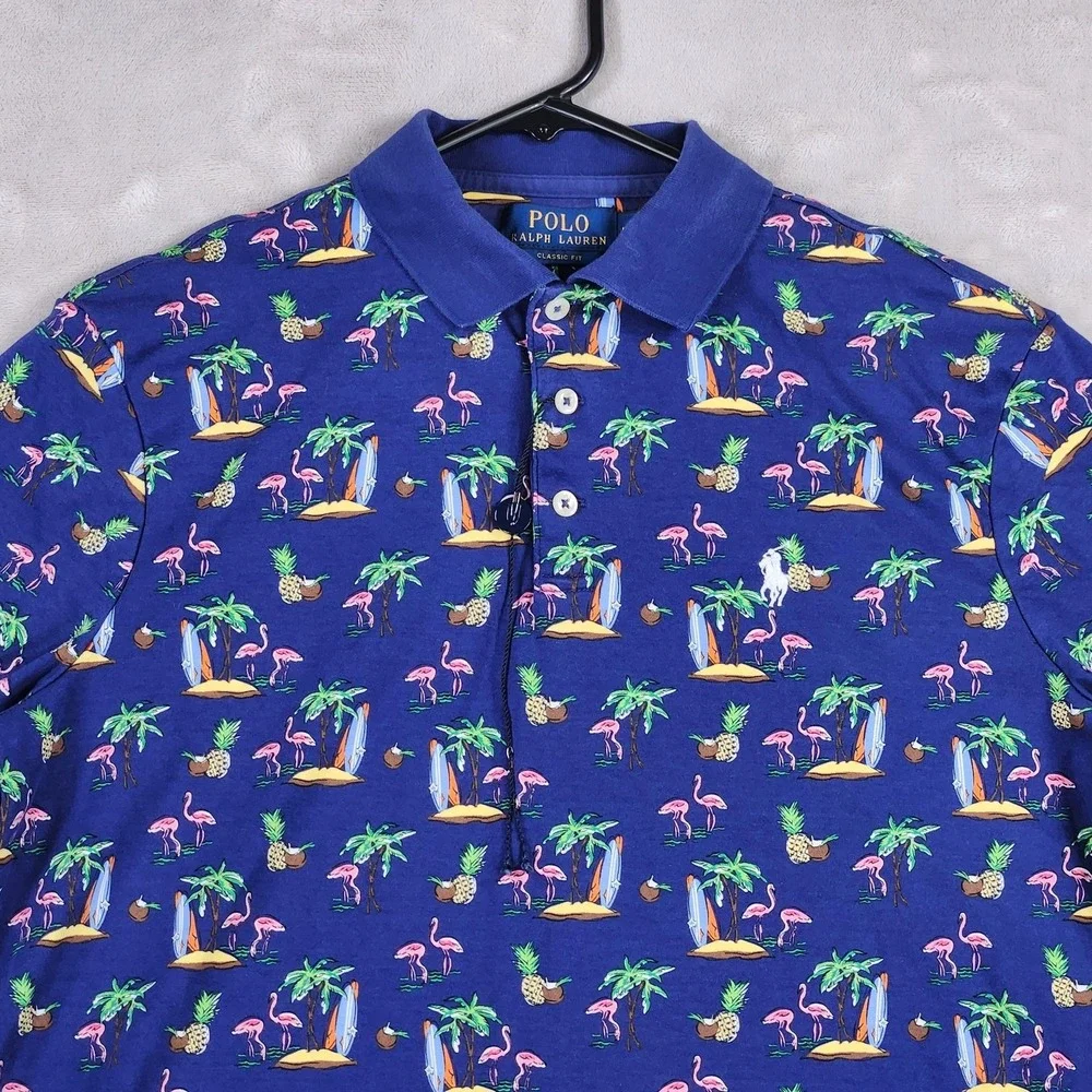 Polo Ralph Lauren Polo Shirt Mens Medium Blue Flamingo Tropical Print Beach